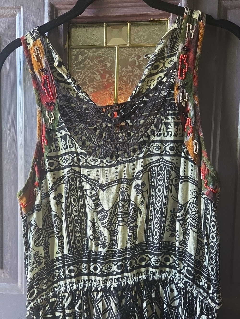 Lucky Brand Black & Cream Embroidered Maxi Dress Womens Size Medium Fits Bigger